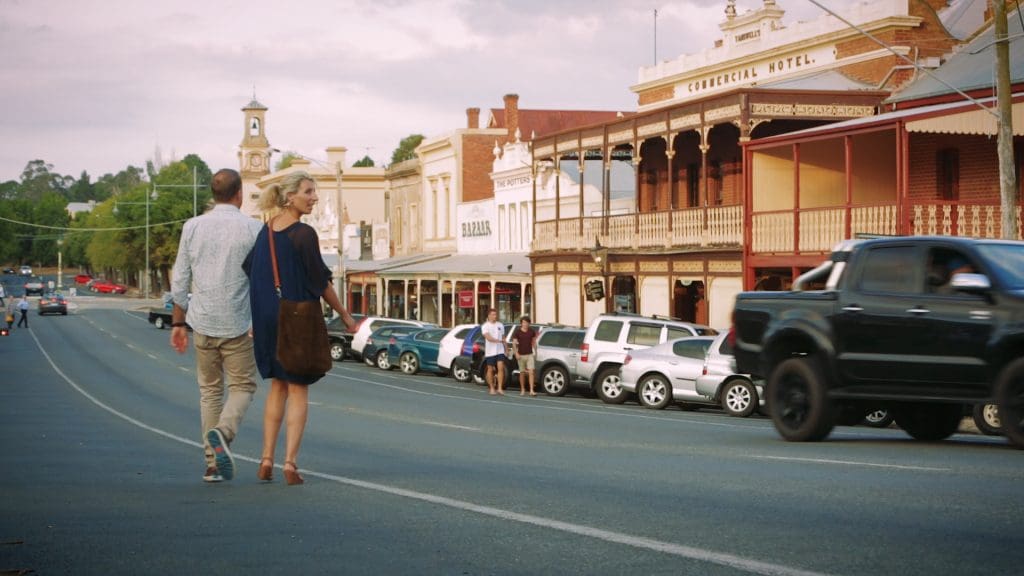 Couple walking the historic streets of Beechworth